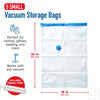 Five small vacuum storage bags in white with blue seals and a hand pump included