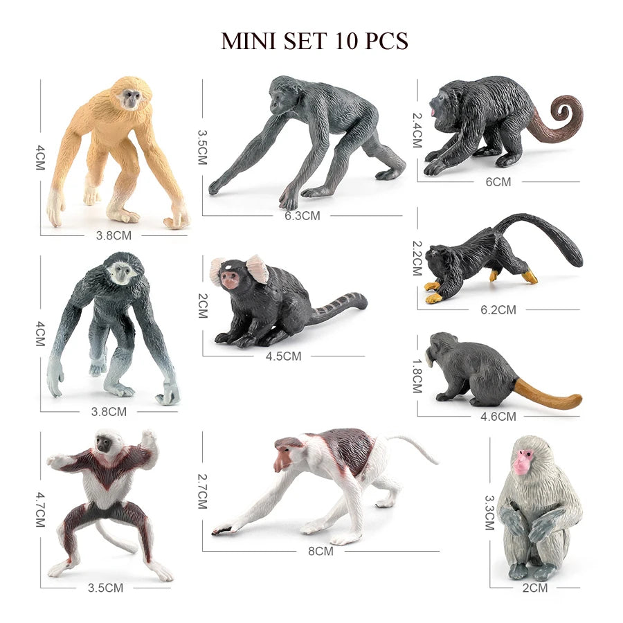 A set of ten realistic animal figurines including a monkey, elephant, gorilla, hedgehog, and various other wildlife creatures
