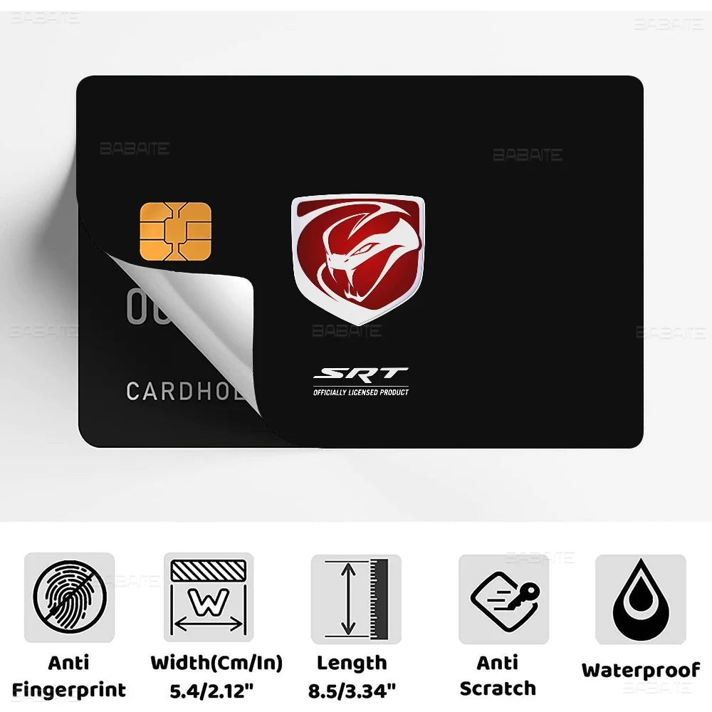 A black credit card skin cover sticker featuring a red bull head design and text indicating SRT officially licensed product.
