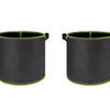 Two black heavy-duty non-woven fabric grow bags with green trim, shown from the top.