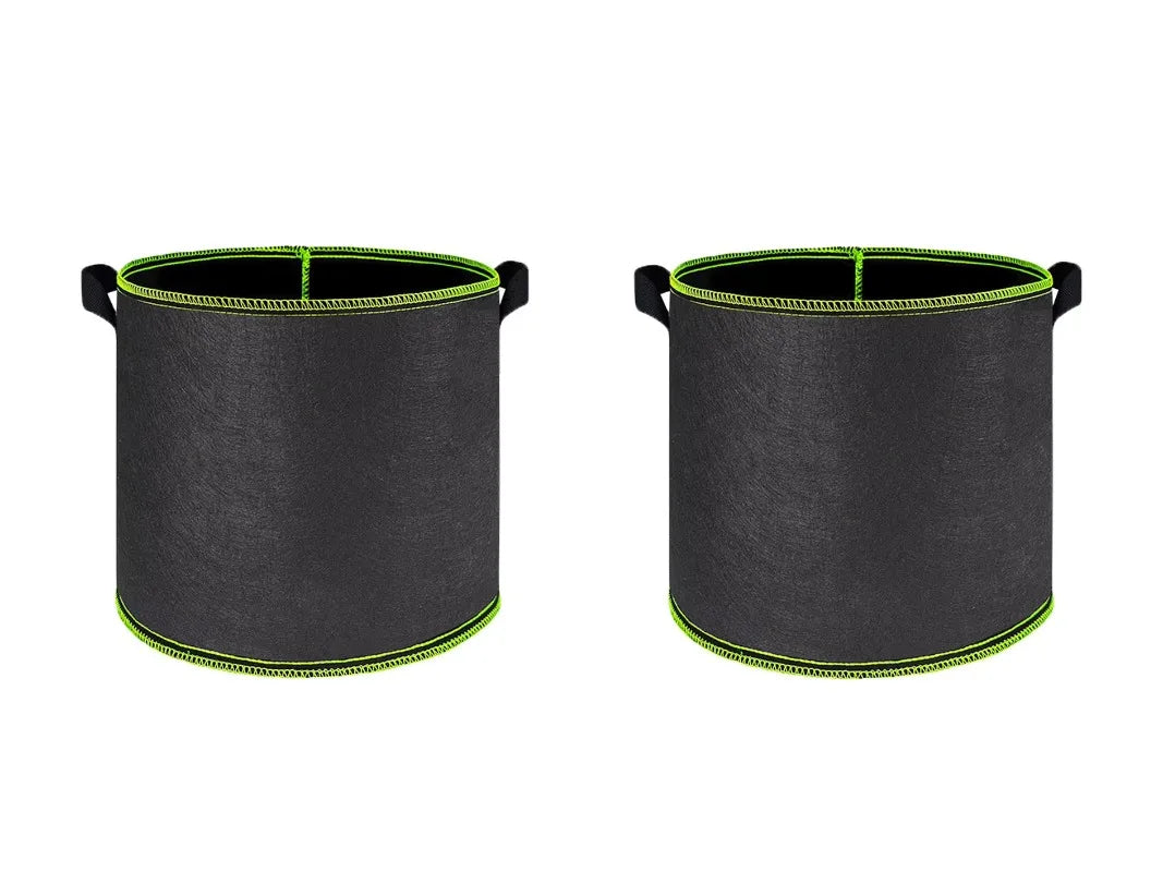 Two black heavy-duty non-woven fabric grow bags with green trim, shown from the top.