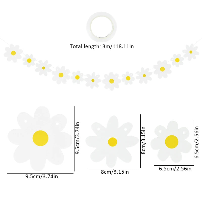 A string of white daisy flowers used as a banner, measuring 3 meters long.