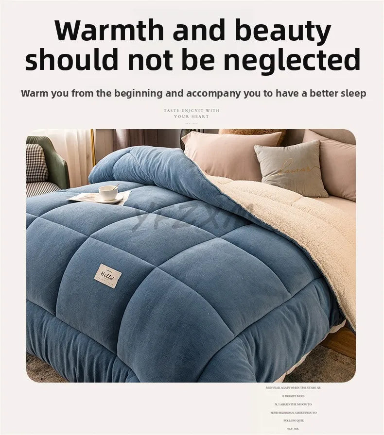 A deep blue quilted fleece blanket is shown on a bed, emphasizing warmth and beauty for better sleep.