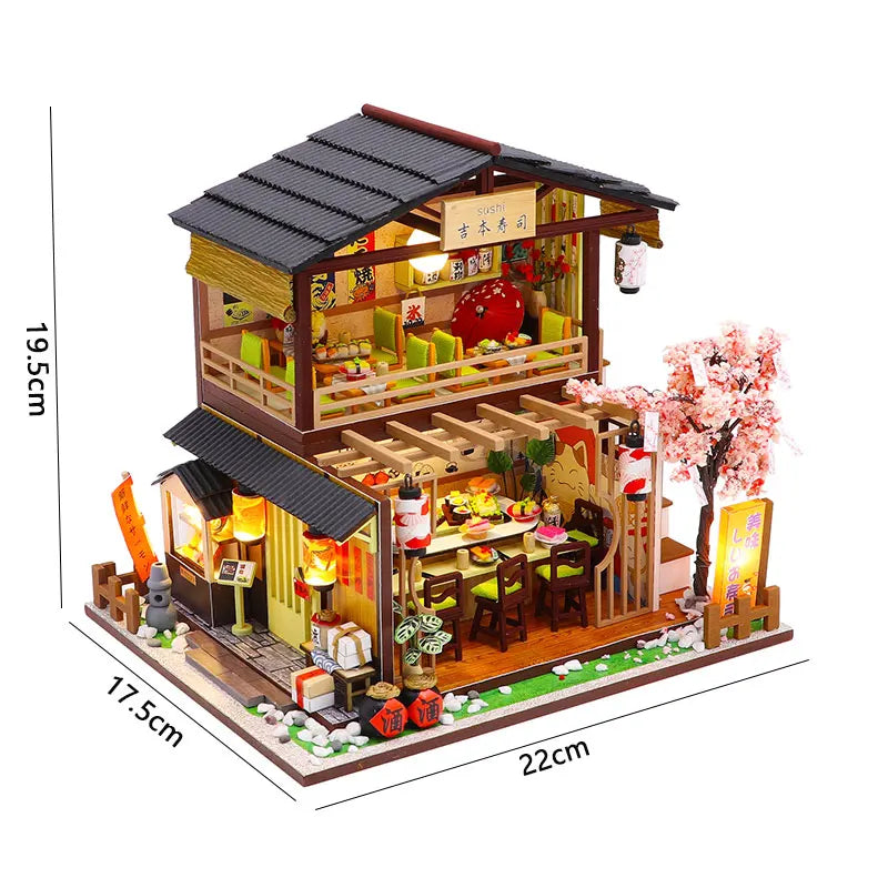 A wooden miniature Japanese tea house kit featuring a roof, windows, and interior elements with LED lighting.