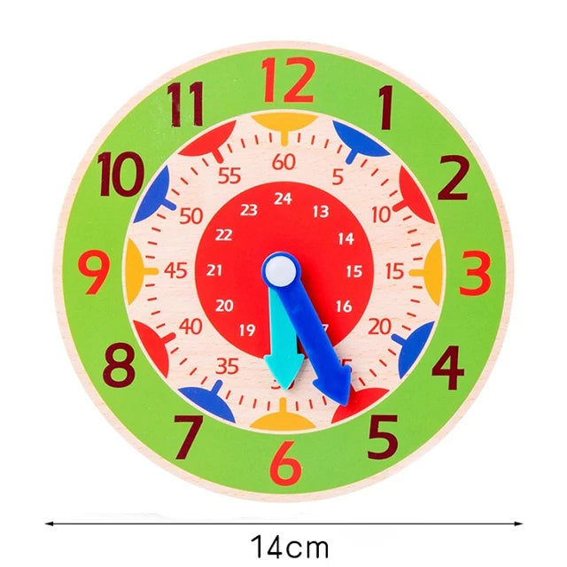 A wooden alphabet number and shape puzzle board with a clock face design and an arrow pointer.