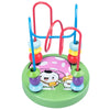 A wooden bead maze toy with red and blue handles and colorful beads on a green base for toddlers.