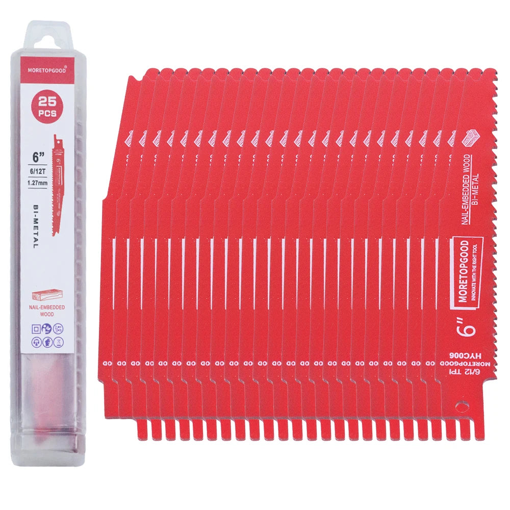 A pack of 25 bi-metal reciprocating saw blades for nail-embedded wood, colored red.