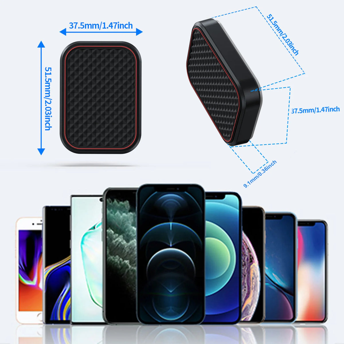 Support magnétique noir et fin pour téléphone portable, monté sur diverses téléphones.