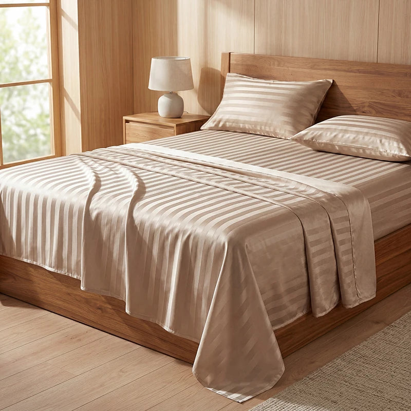 A beige striped satin bed sheet set is draped over a wooden bed frame in a bright bedroom setting.