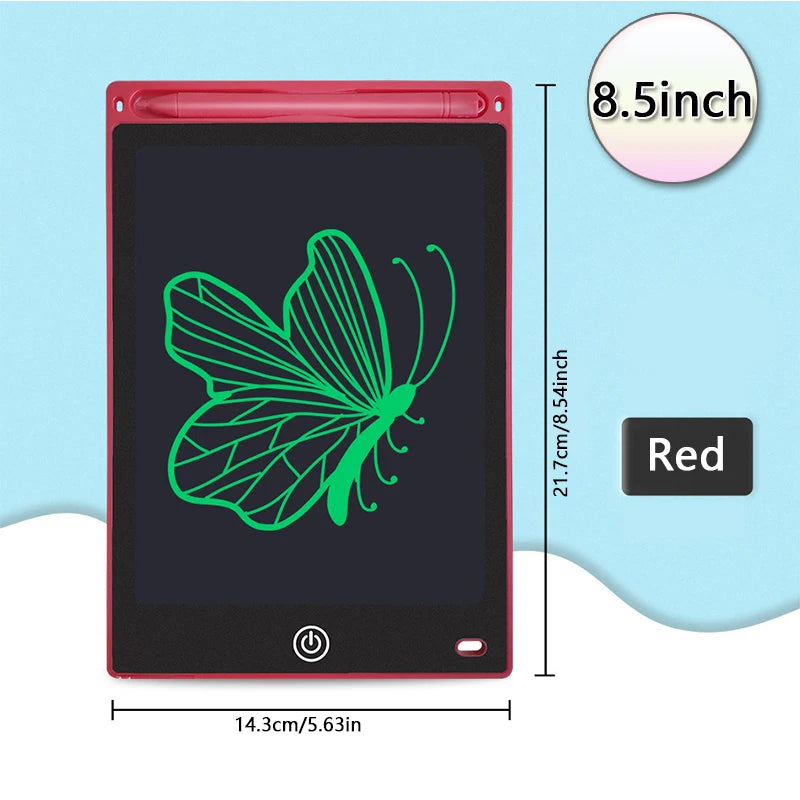 A red 8.5-inch LCD drawing tablet displaying a green butterfly outline on a black screen.