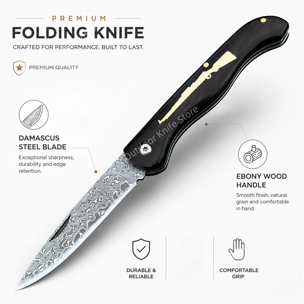 Damascus Steel Folding Pocket Knife with Ebony Handle