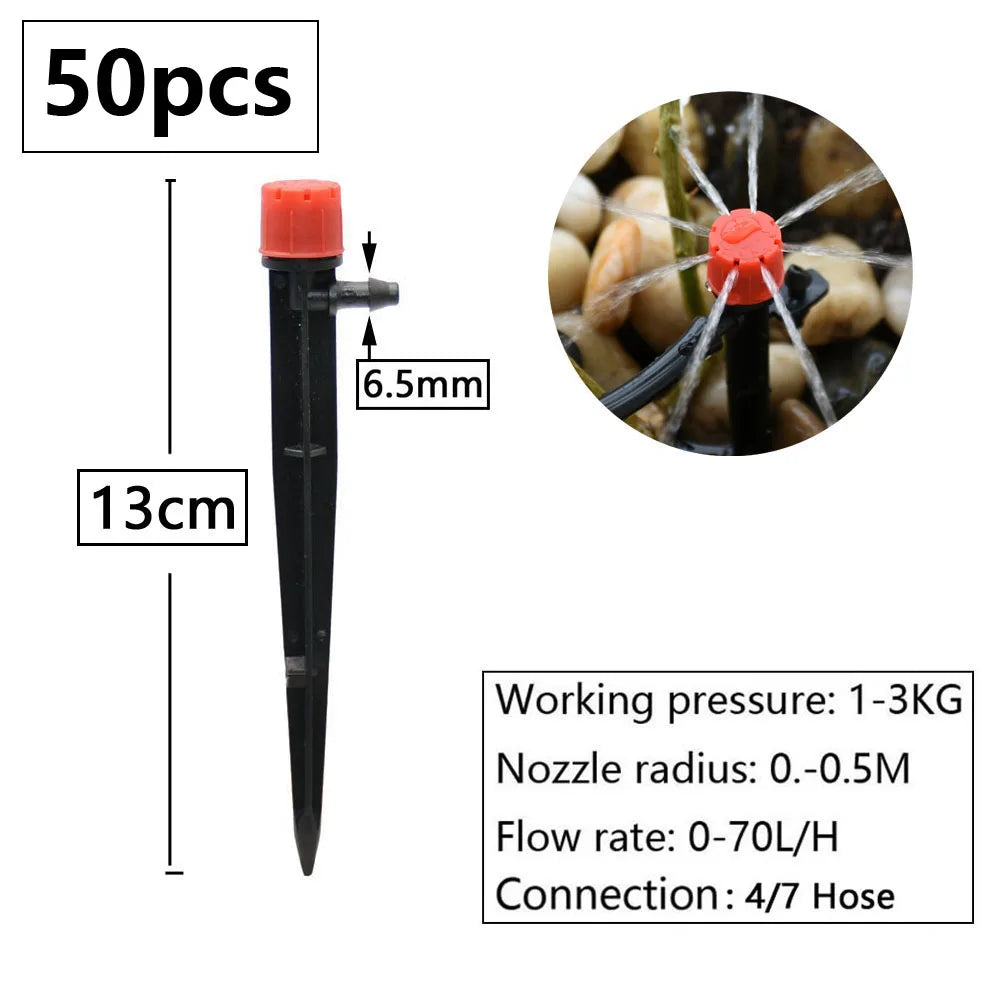A black drip irrigation kit with a 13cm length and a 6.5mm nozzle, shown next to a magnified view of the tip.