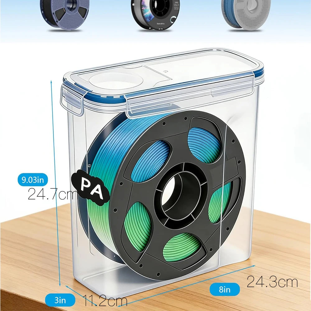 Clear airtight storage box for filament with a black lid and green accents, showing dimensions.