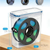 Clear airtight storage box for filament with a black lid and green accents, shown with dimensions.
