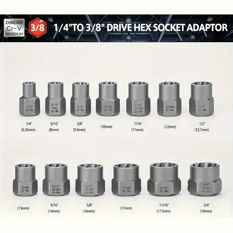 A set of 14 impact bolt and nut extractors in various sizes and drive types for automotive or mechanical use.