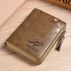 A brown leather wallet with a zipper closure and an embossed kangaroo design resting on a wooden surface.
