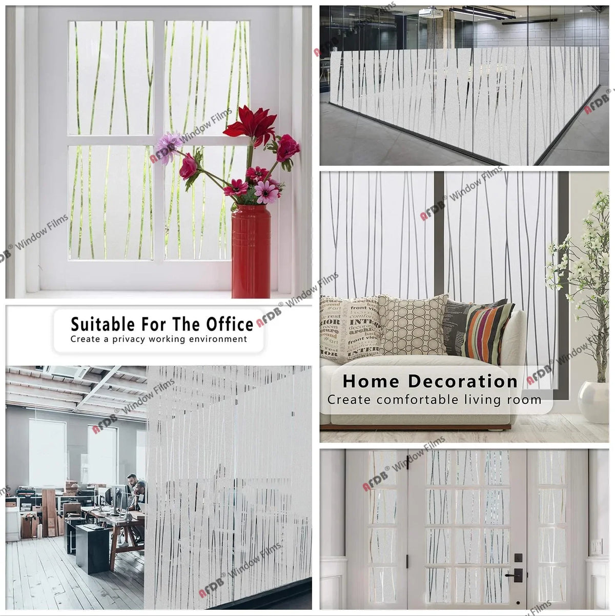 Various examples of frosted stripe privacy window film used in office and home decor settings.