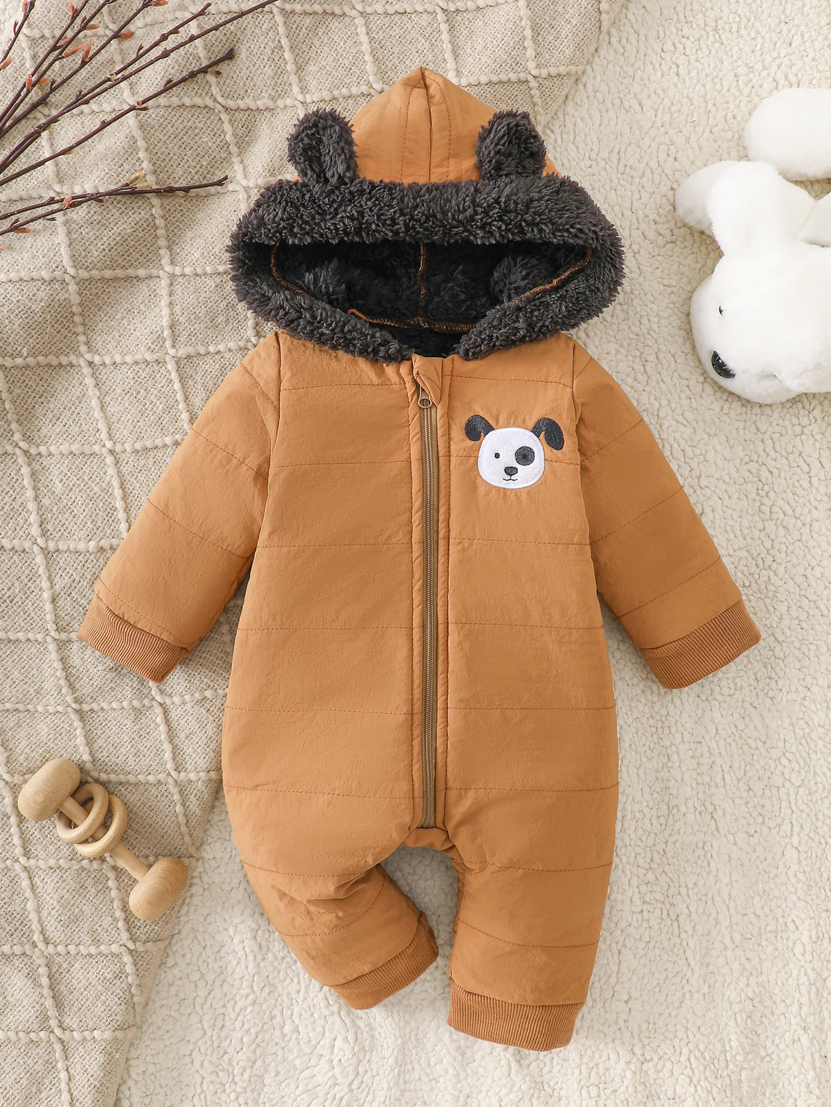Cozy Fleece Baby Romper with Hood