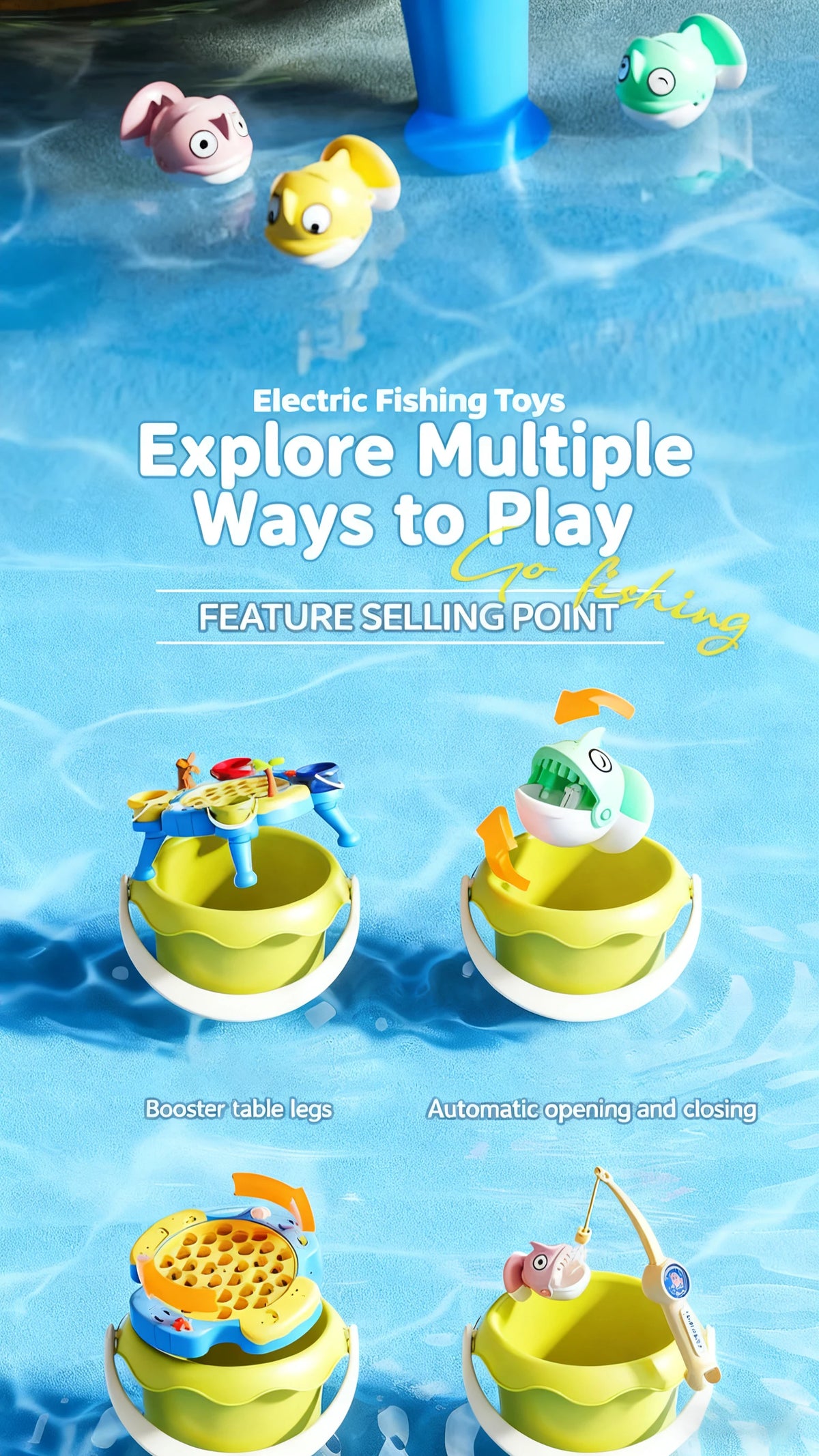 Electric fishing toys featuring a yellow fish and a green fish in water, with booster table legs and automatic opening and cl