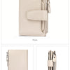 Beige genuine leather RFID blocking bi-fold wallet shown from the front, back, and side angles.