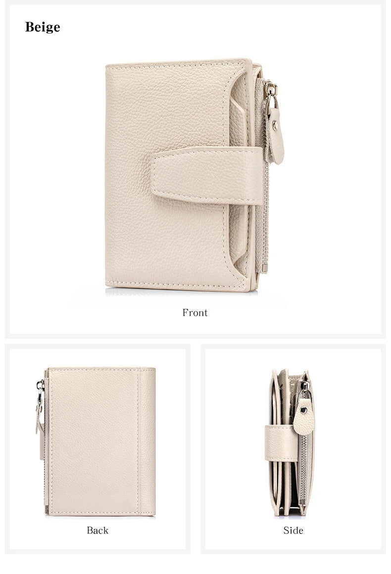 Beige genuine leather RFID blocking bi-fold wallet shown from the front, back, and side angles.