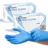 A hand wearing blue nitrile disposable gloves is shown next to a box of disposable nitrile gloves.