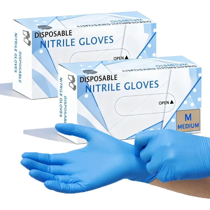 A hand wearing blue nitrile disposable gloves is shown next to a box of disposable nitrile gloves.
