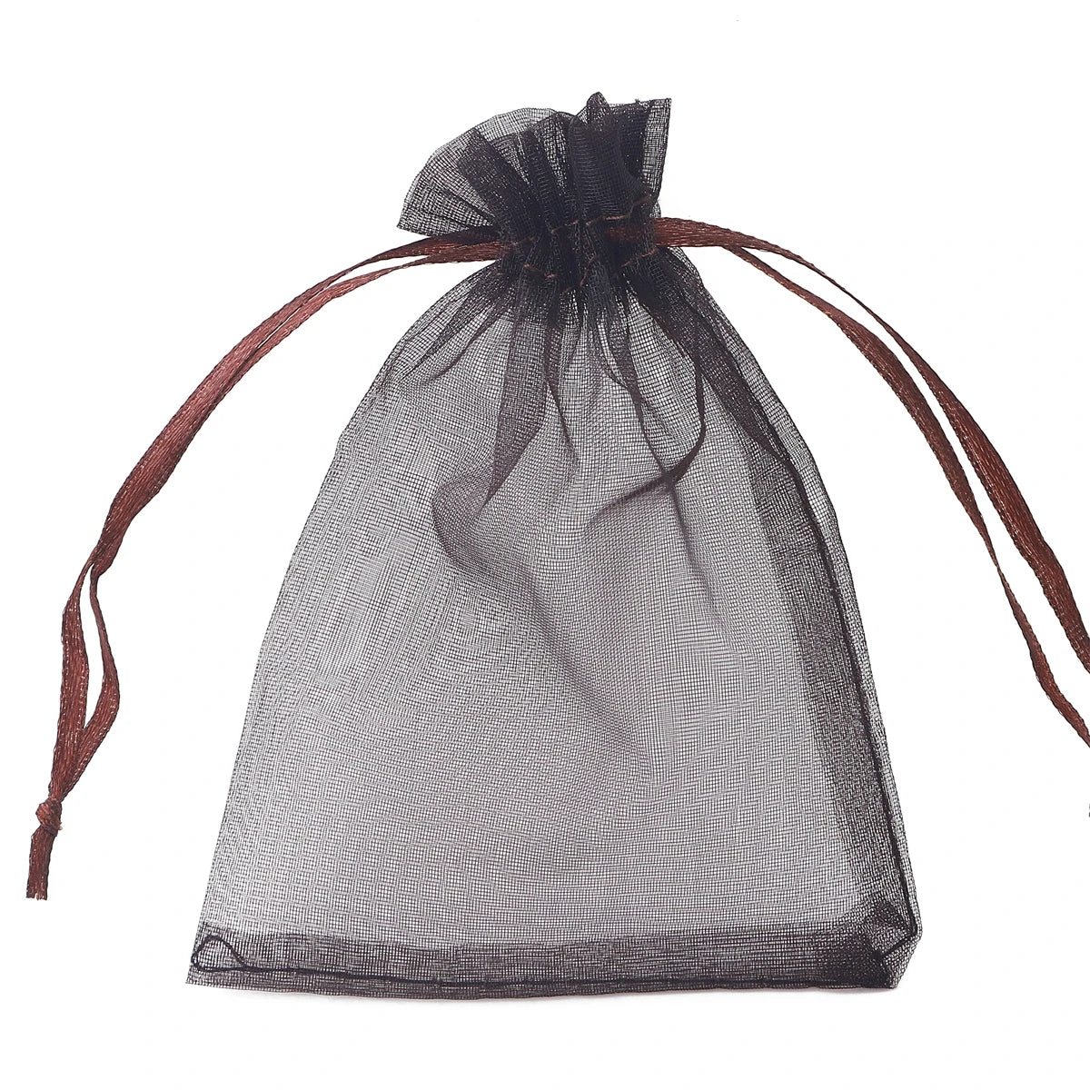 A black organza drawstring gift bag with a dark brown cord, shown against a white background.