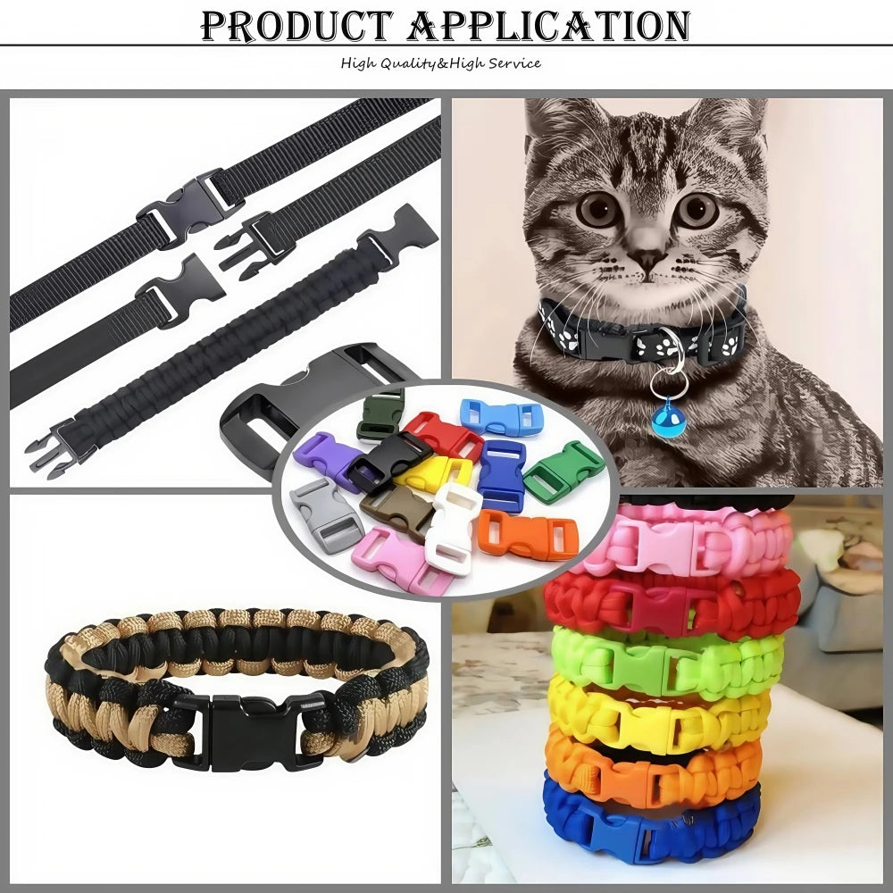 Various plastic side-release buckles and adjustable straps used for paracord bracelet projects.