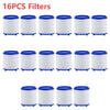 A set of 16 silicone faucet water filters in white and blue packaging.