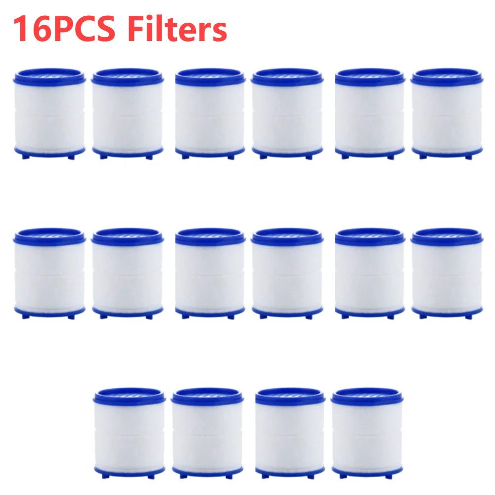 A set of 16 silicone faucet water filters in white and blue packaging.