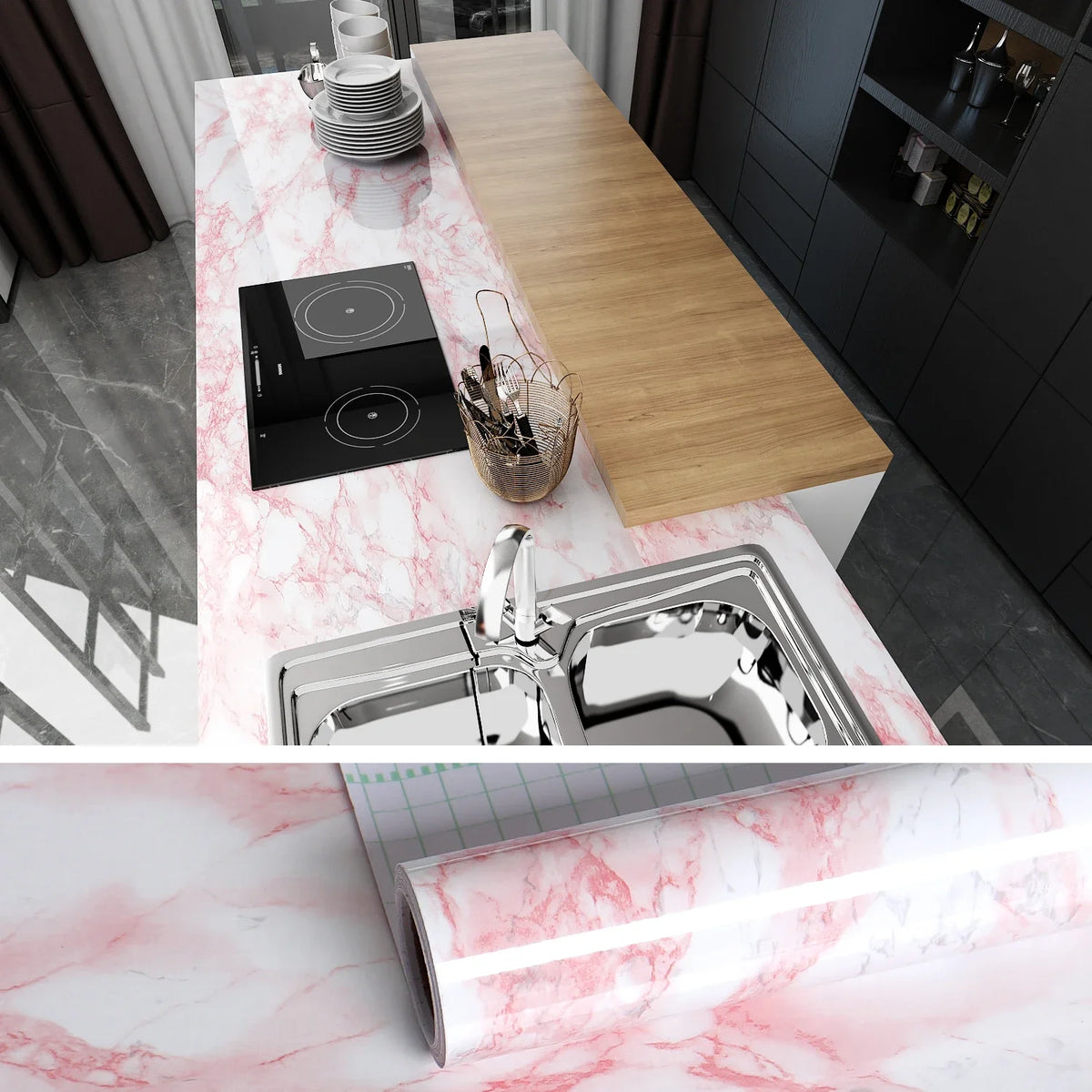 Pink marble wallpaper featuring white veining used as a surface for a kitchen countertop and furniture.