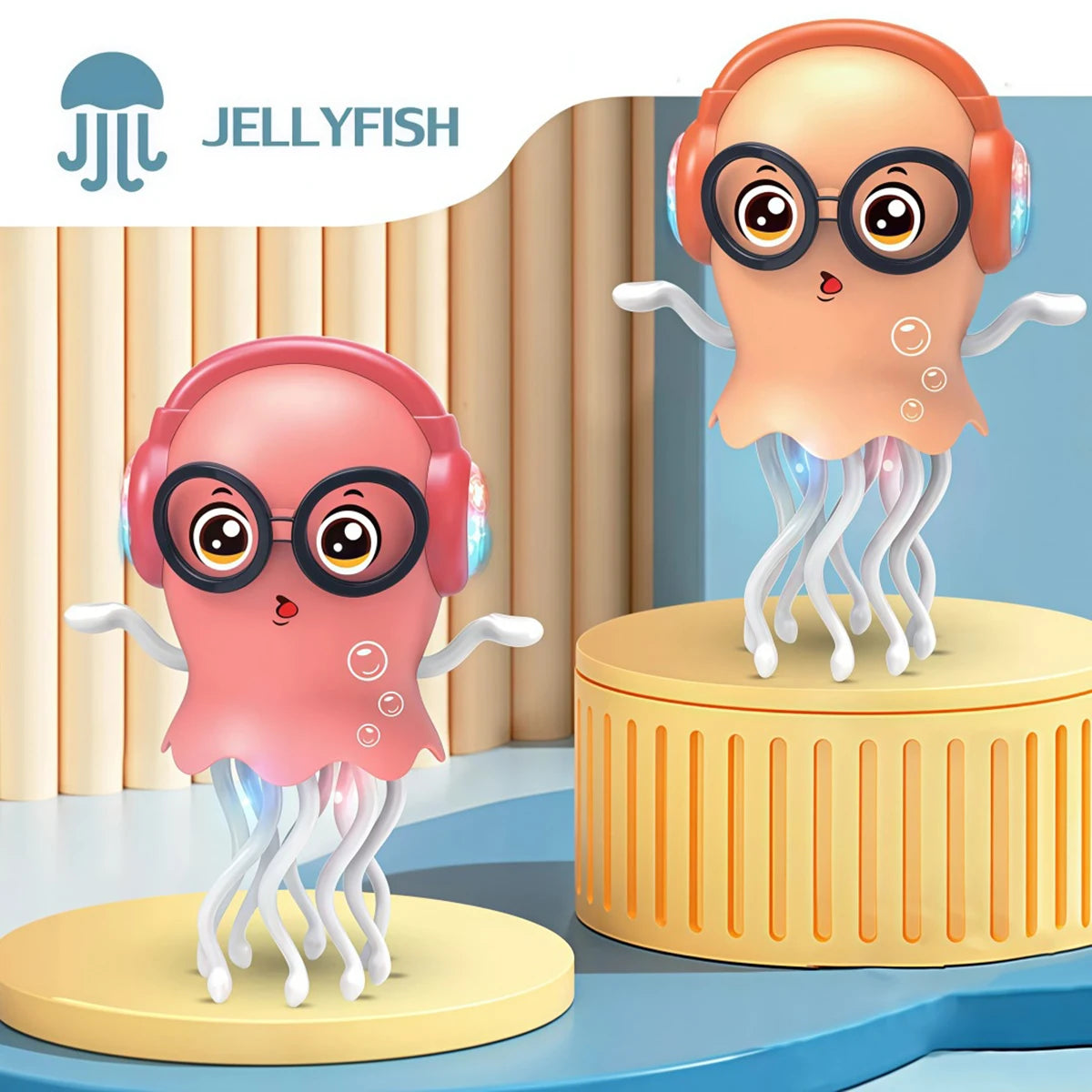 A pink Jellyfish toy with large glasses and headphones is shown standing on a yellow circular base.