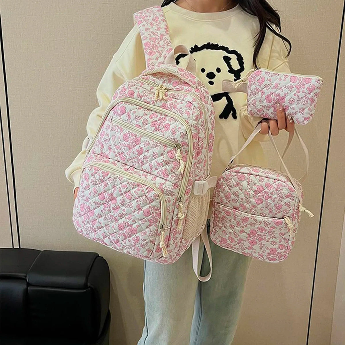 Floral Quilted Backpack Set with Crossbody Bag