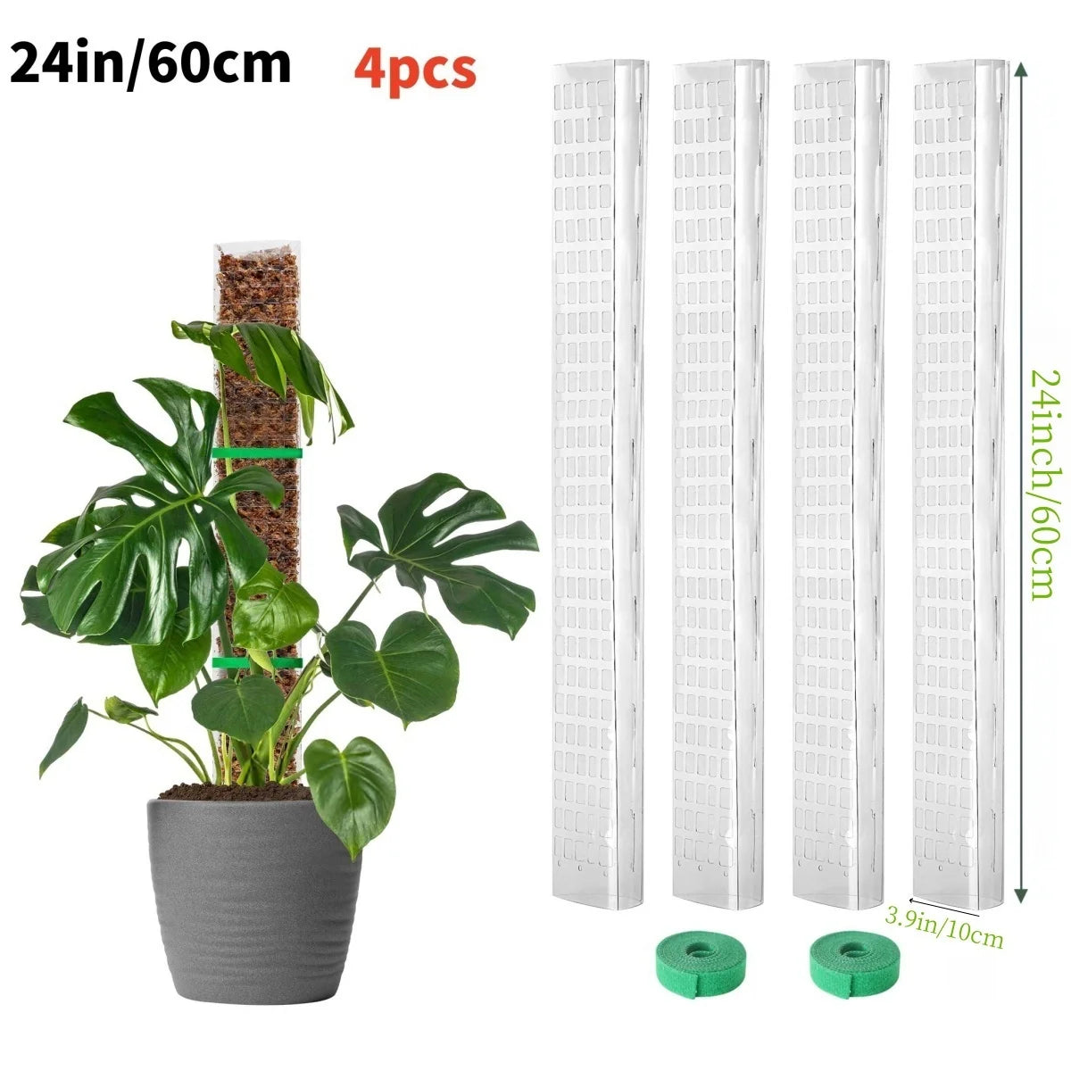 Four plastic plant moss poles measuring 24 inches long are shown next to a potted plant.