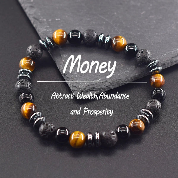 Pulsera de piedras de ojo de tigre en colores negro y marrón dorado, diseñada para atraer riqueza y prosperidad