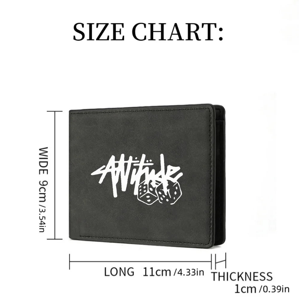 A black vintage PU leather short wallet shown with dimensions for length, width, and thickness.