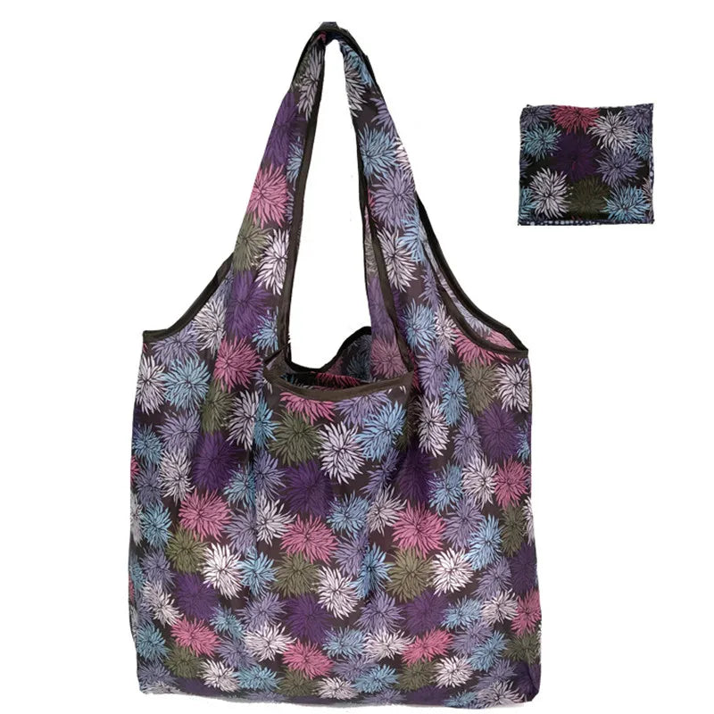 Foldable Nylon Reusable Shopping Bag with Floral Print