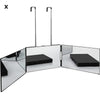 A 360° trifold LED haircut mirror with two adjustable arms is shown in a studio setting.