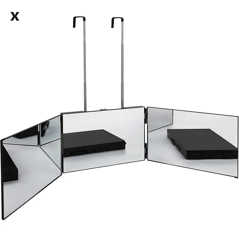 A 360° trifold LED haircut mirror with two adjustable arms is shown in a studio setting.