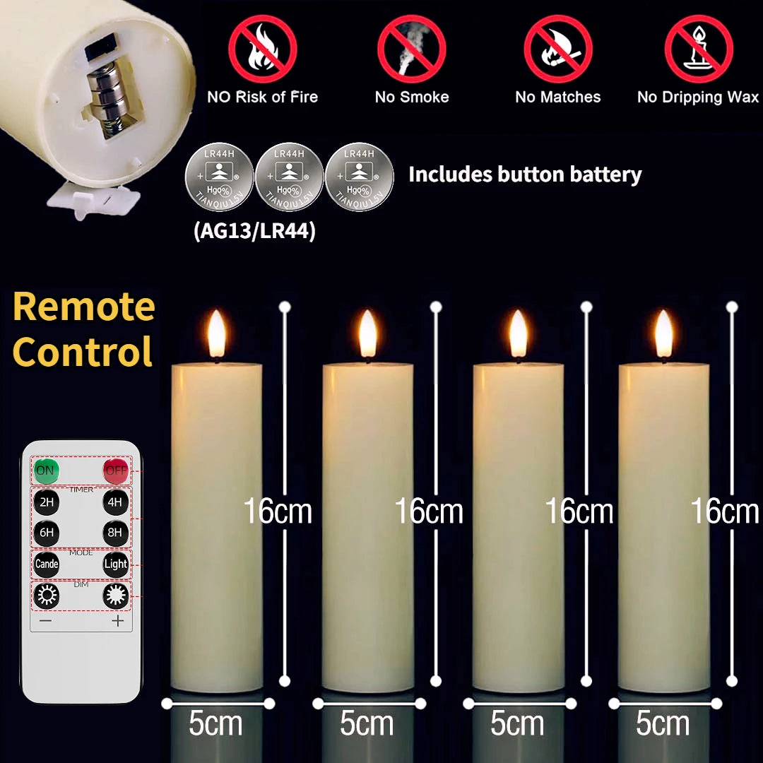 LED pillar candles with remote control featuring a timer and various flame modes