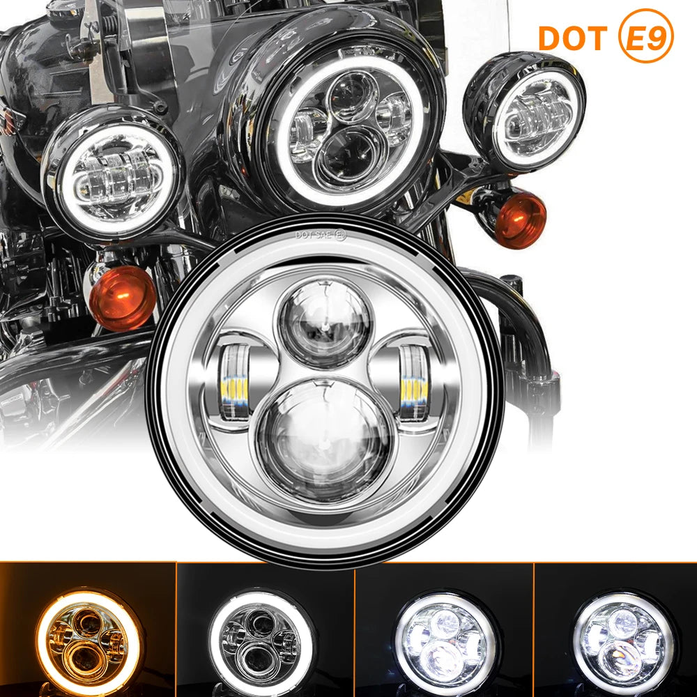 A close-up view of a classic 7 inch round LED motorcycle headlight assembly.
