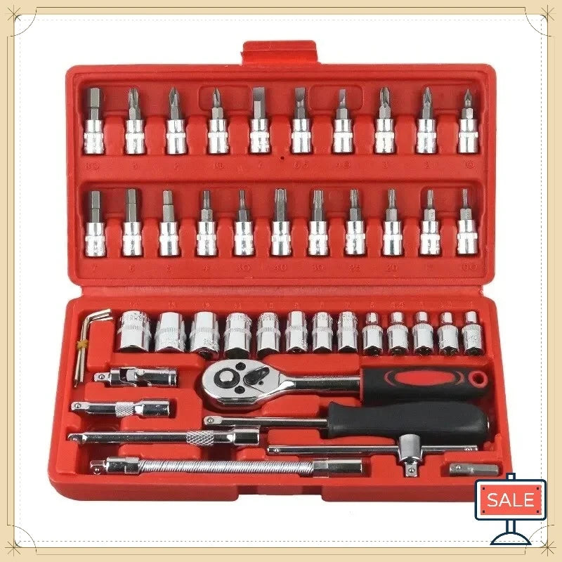 A red toolbox containing a 46-piece auto repair tool set with various sockets and a ratchet wrench.