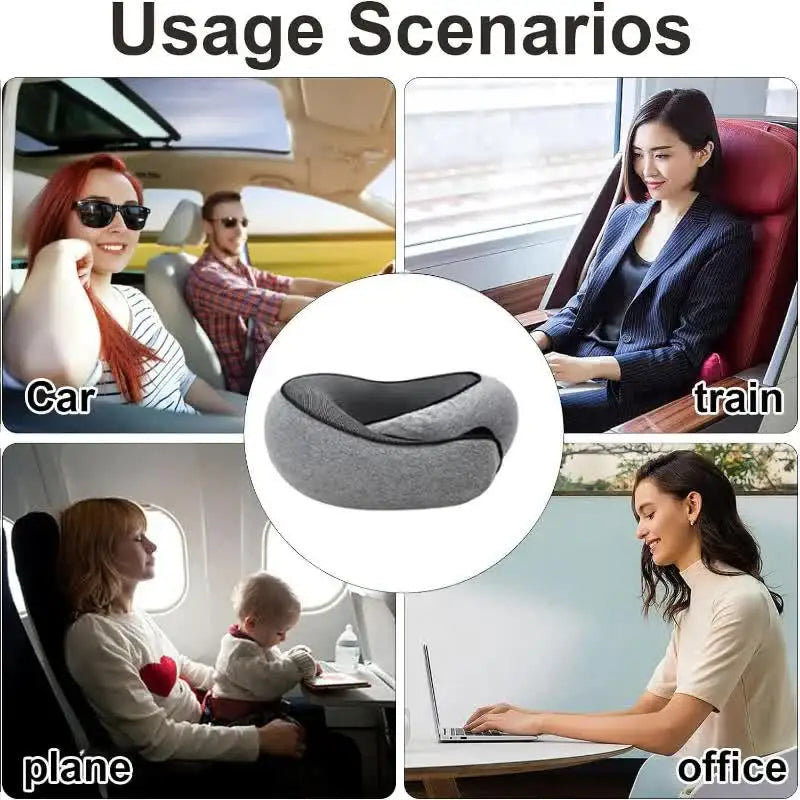 Scénarios d'utilisation montrant l'oreiller de voyage en mousse à mémoire de forme dans divers contextes comme une voiture, u