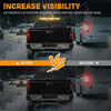 Before and after comparison showing an LED rooftop strobe light bar on a truck against other vehicles.