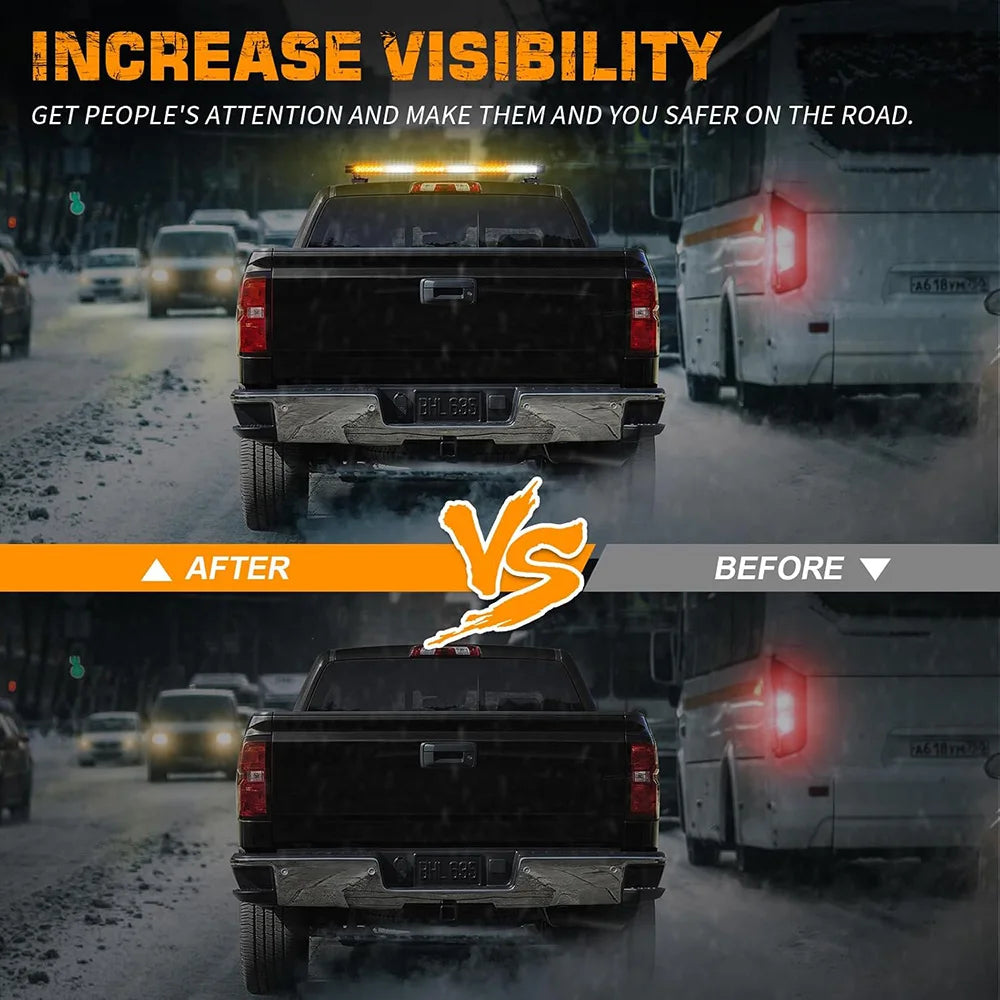 Before and after comparison showing an LED rooftop strobe light bar on a truck against other vehicles.