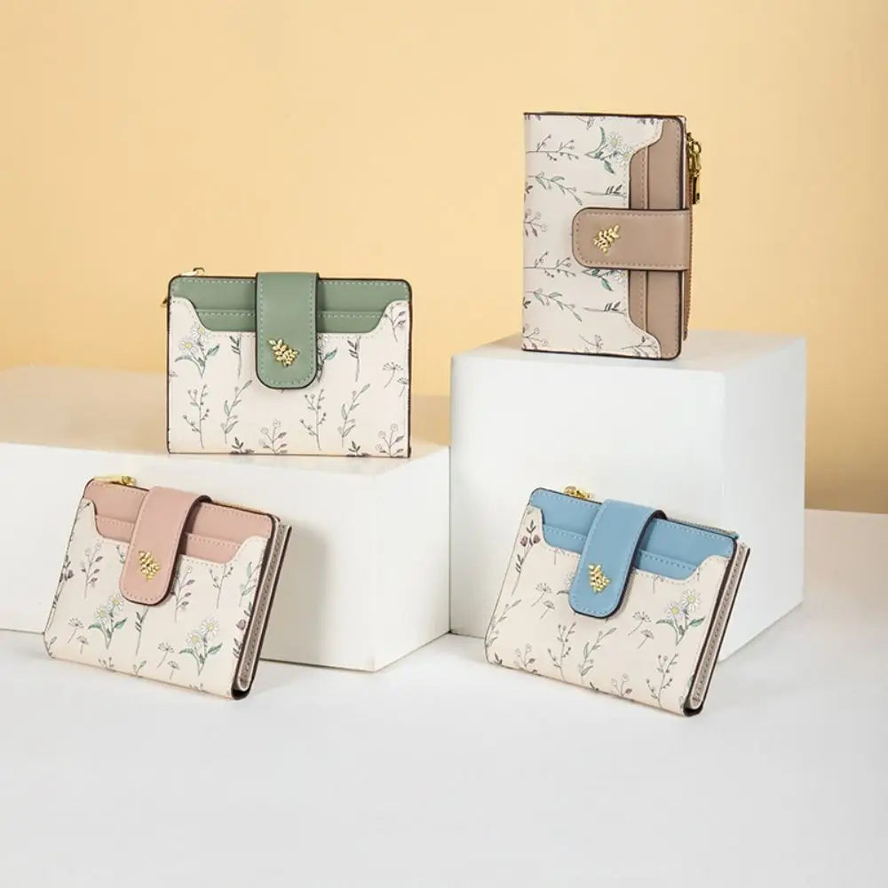 Slim PU Leather Zipper Wallet with Floral Detail