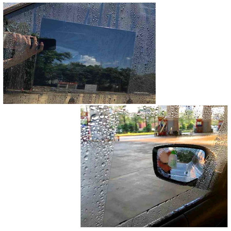 Close-up view of a car mirror covered in water droplets, demonstrating rain-proof film protection.