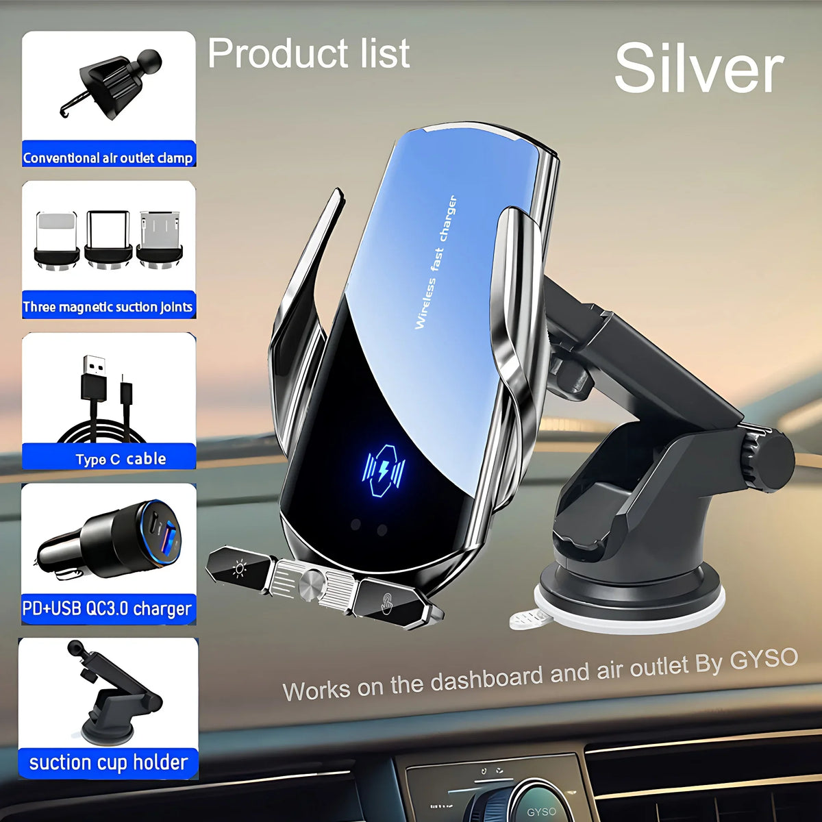 150W Magnetic Wireless Car Charger Mount with Auto-Clamping Cradle