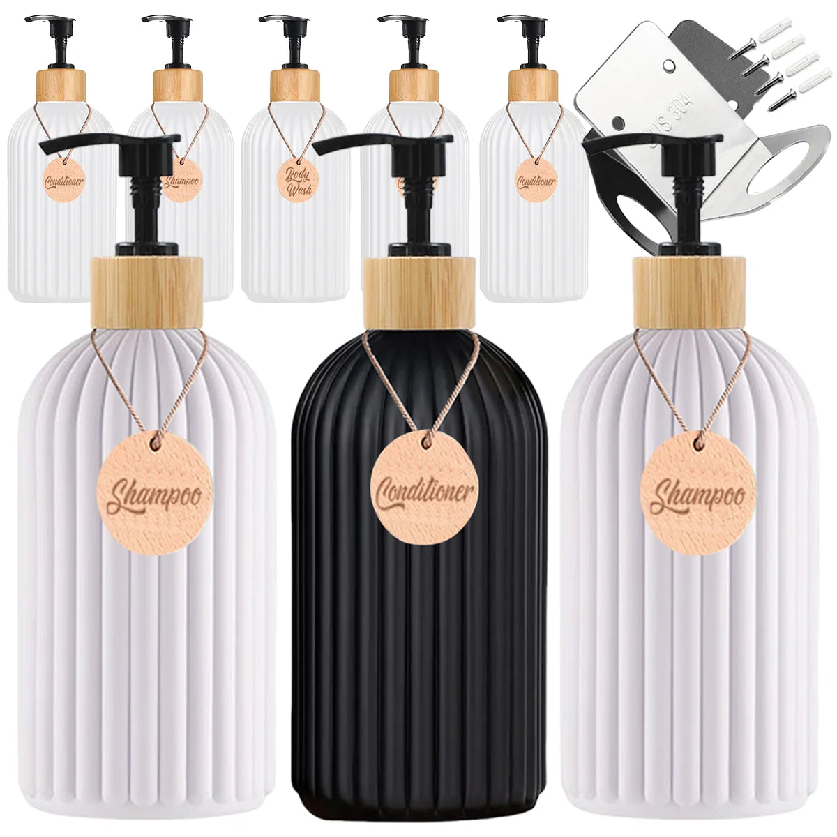 Refillable Matte Black Soap Dispenser with Wooden Tag